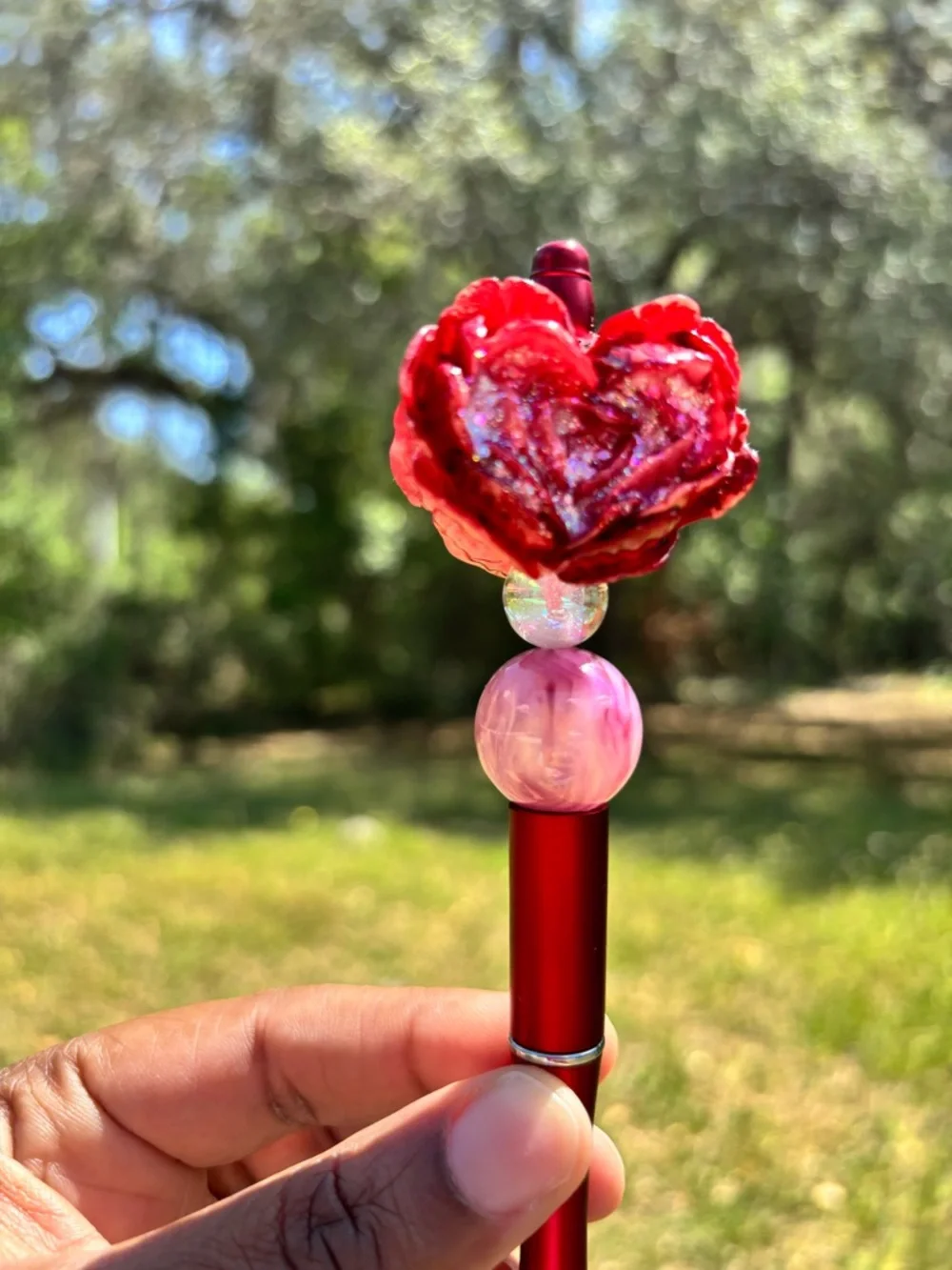Handcrafted Red Floral Heart Beaded Pen - Picture 3 of 3
